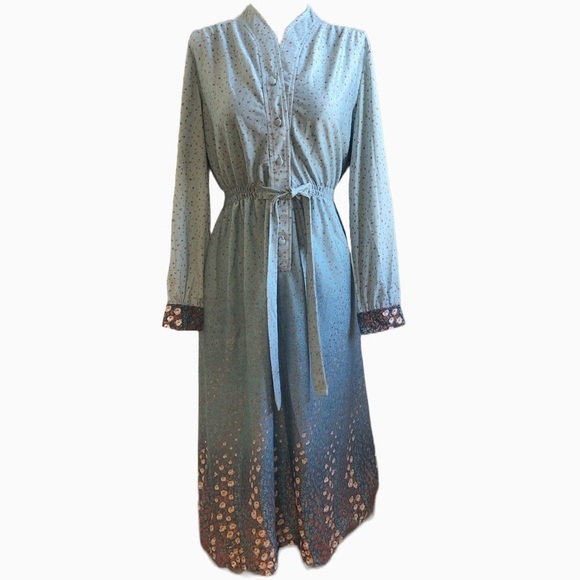 Vintage Dresses & Skirts - Vintage 1970s Handmade High Collar Long Sleeved Blue Floral Midi Dress Size M